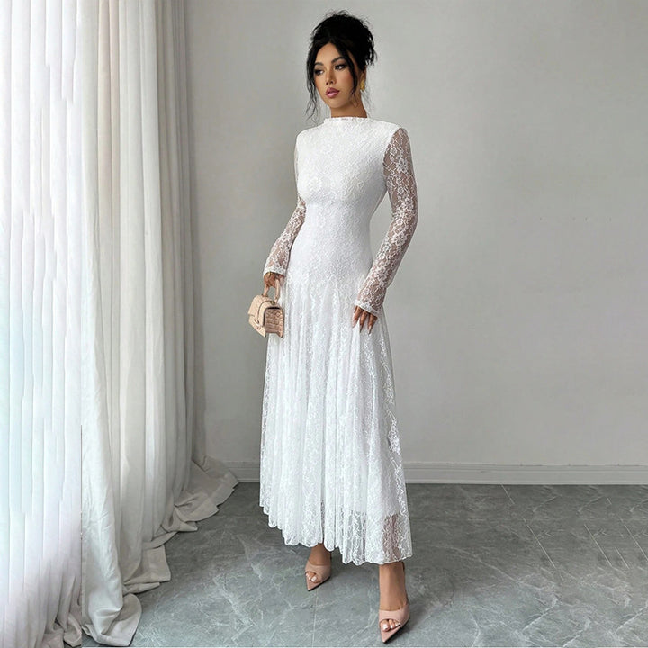 Damen Elegantes Hochzeitskleid mit Spitzenärmeln Drune