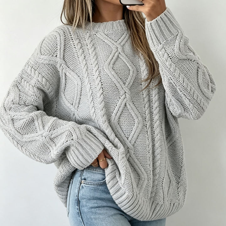 Damen Oversize Flechtstrick-Pullover mit Zopfmuster und Rundhals Drune