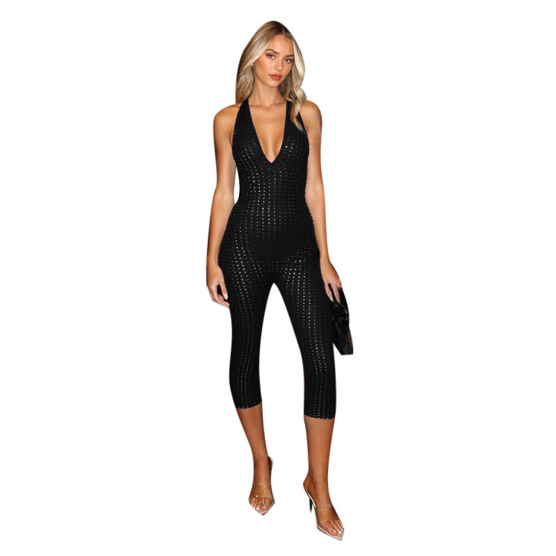 Damen figurbetonter Jumpsuit mit tiefem V-Ausschnitt und netzartigem Design Drune