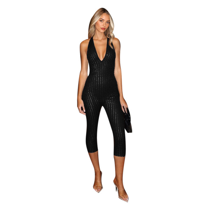 Damen figurbetonter Jumpsuit mit tiefem V-Ausschnitt und netzartigem Design Drune