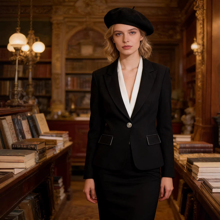 Damen Langer taillierter Ein-Knopf-Blazer mit schmalem Revers und Pattentaschen Drune