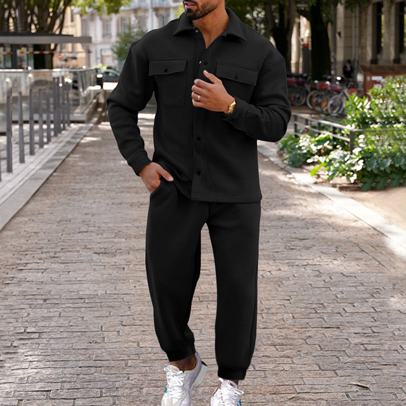 Herren nan zweiteiliges Overshirt- und Jogginghose-Set aus strukturiertem Jersey mit aufgesetzten Brusttaschen und konischer Silhouette Drune