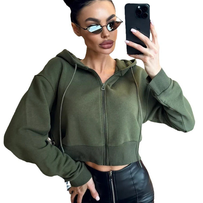 Damen Cropped Kapuzenjacke mit Reißverschluss und Seitentaschen Drune