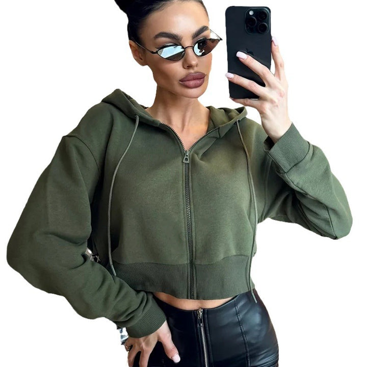 Damen Cropped Kapuzenjacke mit Reißverschluss und Seitentaschen Drune