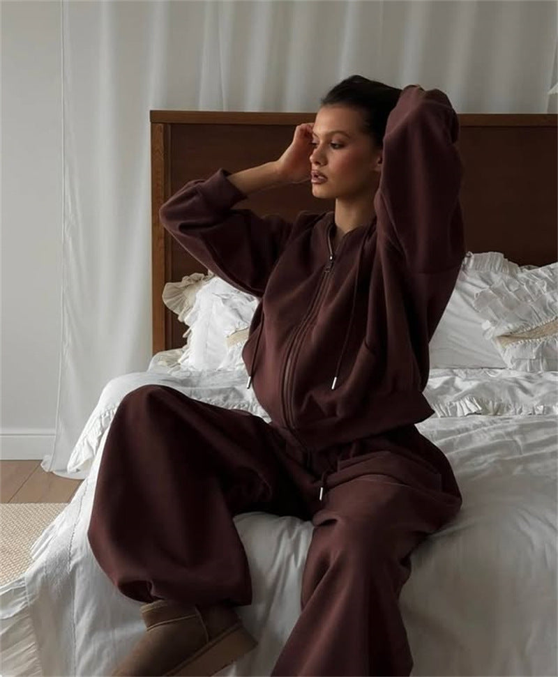 Damen oversized Kapuzenjacke mit Reißverschluss und weiten Jogginghose Lounge-Set Drune