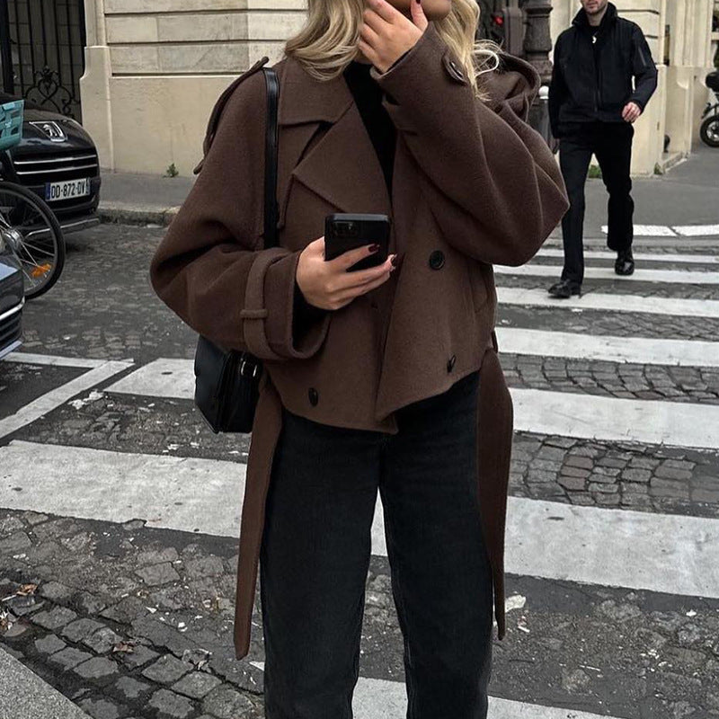 Damen modische Kurztrenchjacke mit Taillengürtel Drune