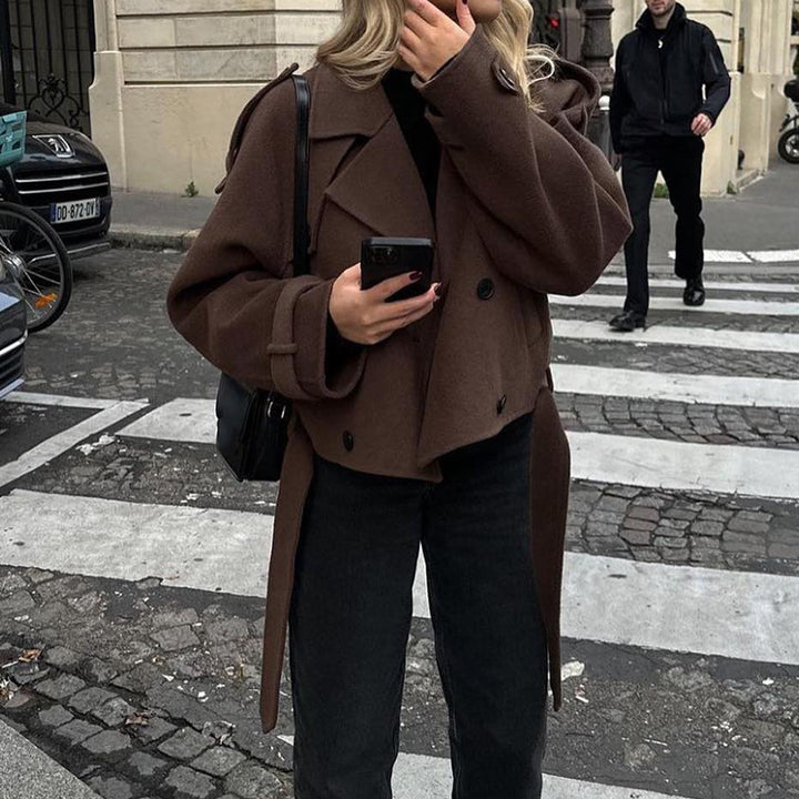 Damen modische Kurztrenchjacke mit Taillengürtel Drune