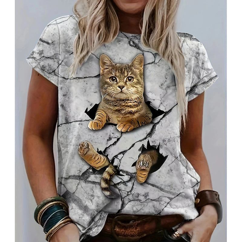 Damen T-Shirt mit 3D-Katzenmotiv und kreativem Rissdesign Drune