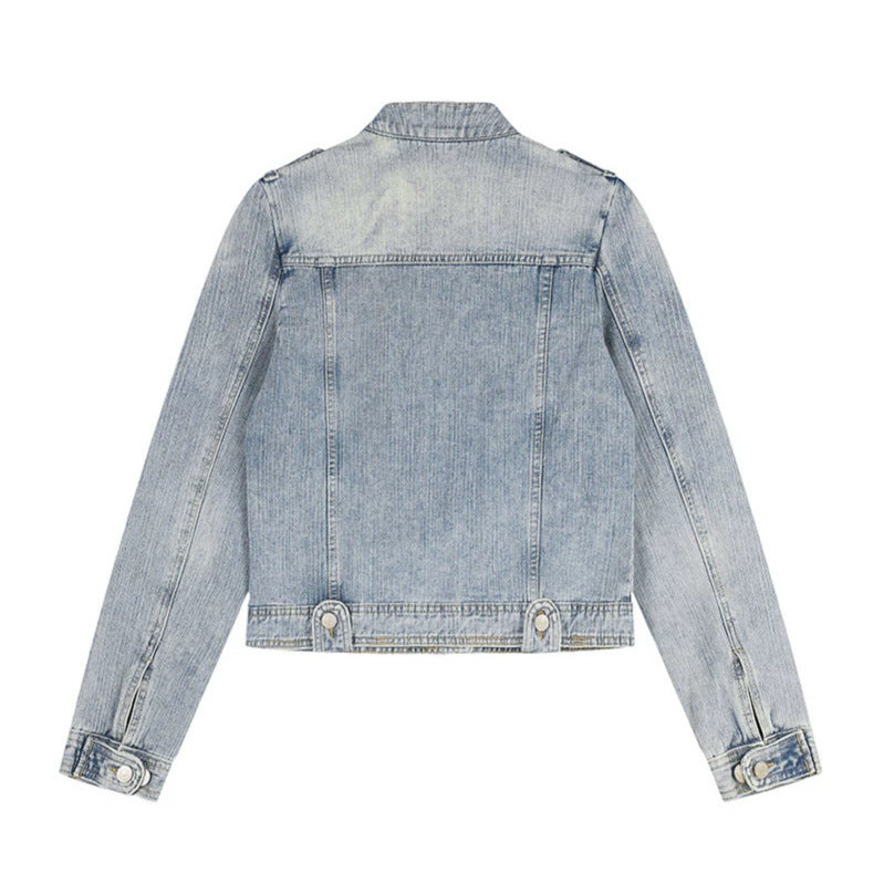 Damen Kurze Jeansjacke im Military-Stil mit Stehkragen, Schulterklappen und Pattentaschen Drune