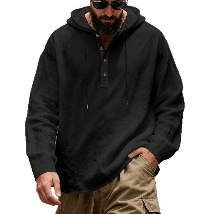 Herren nan leichter Kapuzenshirt mit Knopfleiste aus Leinenmischung und entspanntem Schnitt Drune