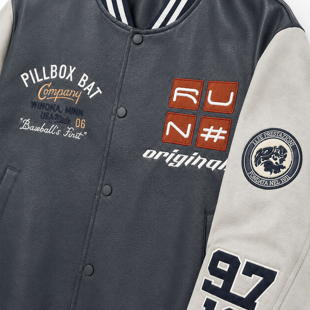 Herren Varsity-Bomberjacke im Retro-College-Stil mit Kunstlederkörper und Kontrastärmeln Drune