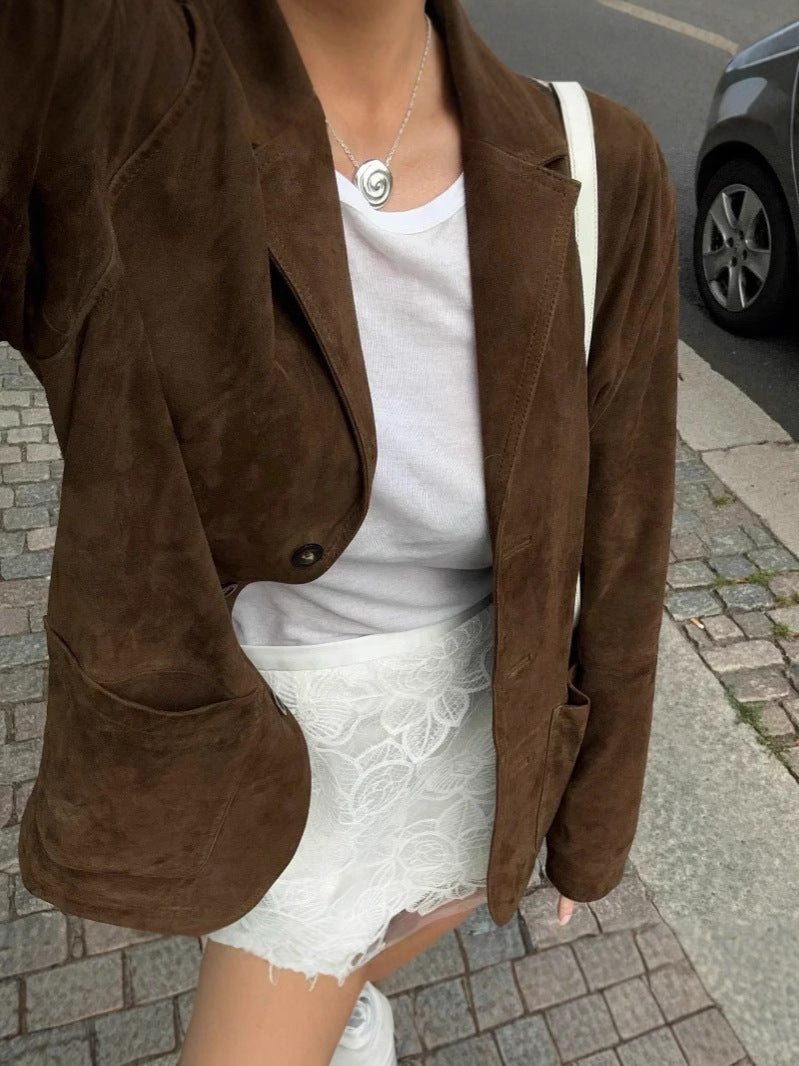 Damen elegante Wildlederjacke mit praktischem Schnitt Drune