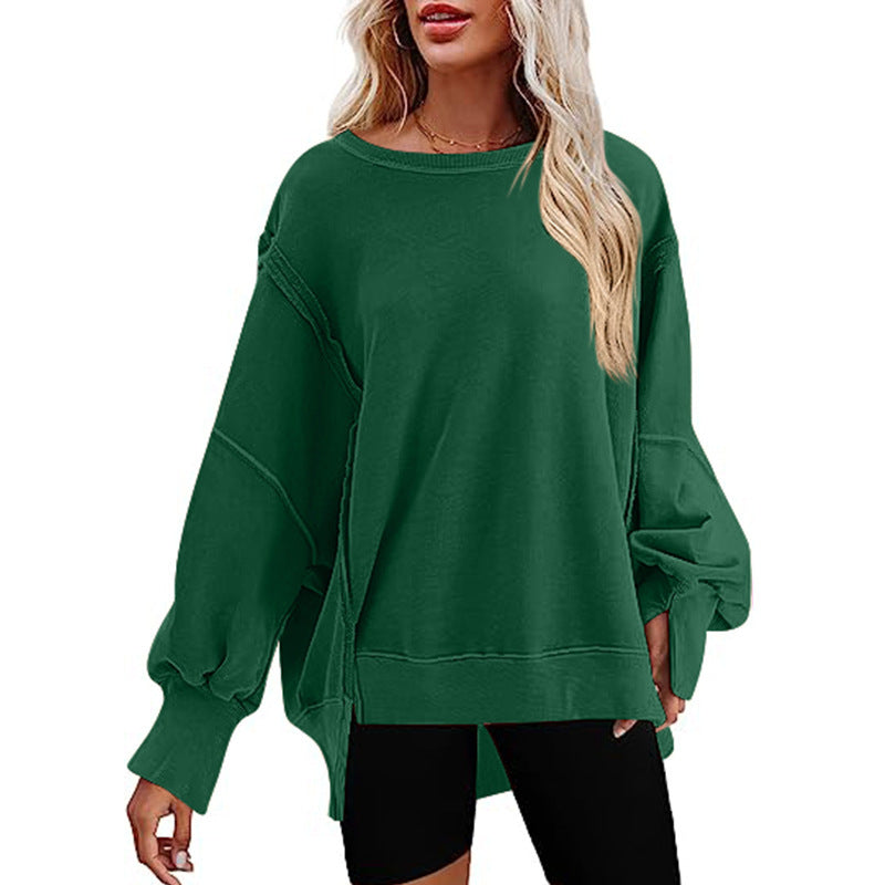 Damen oversized Sweatshirt mit Ballonärmeln, offenen Saumnähten und seitlichen Schlitzen Drune