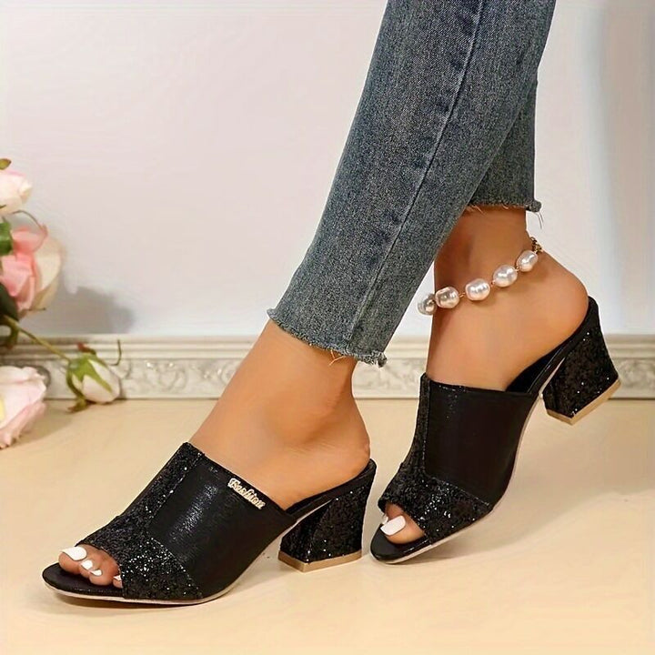 Damen nan elegante offene Pantolette mit feinem Netz, funkelnden Applikationen und mittelhohem Blockabsatz Drune