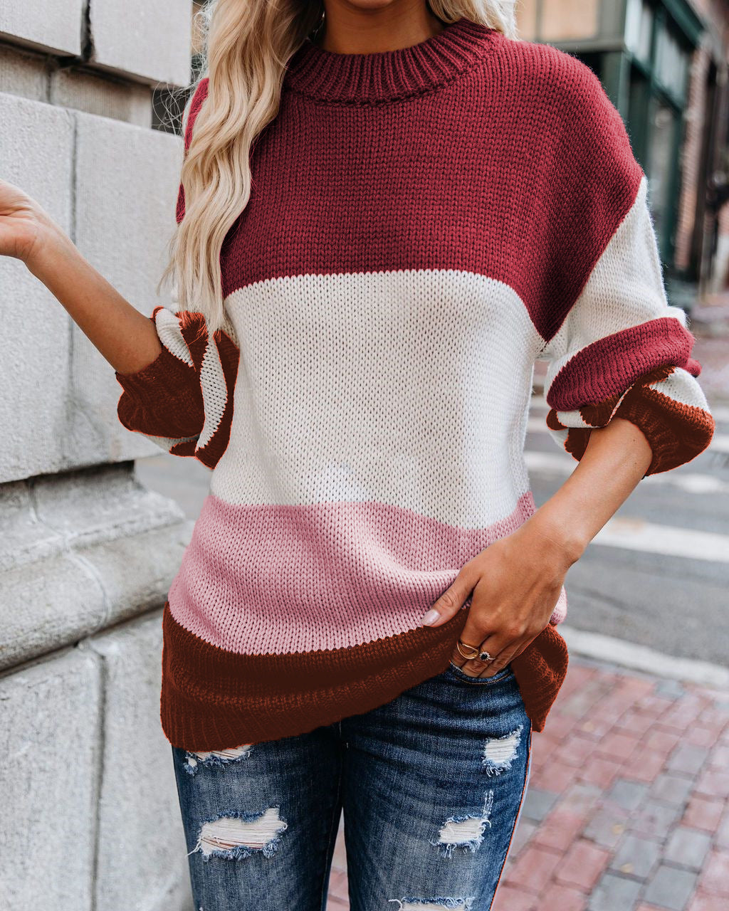 Damen modischer Strickpullover mit zeitgemäßem Farbblockdesign Drune