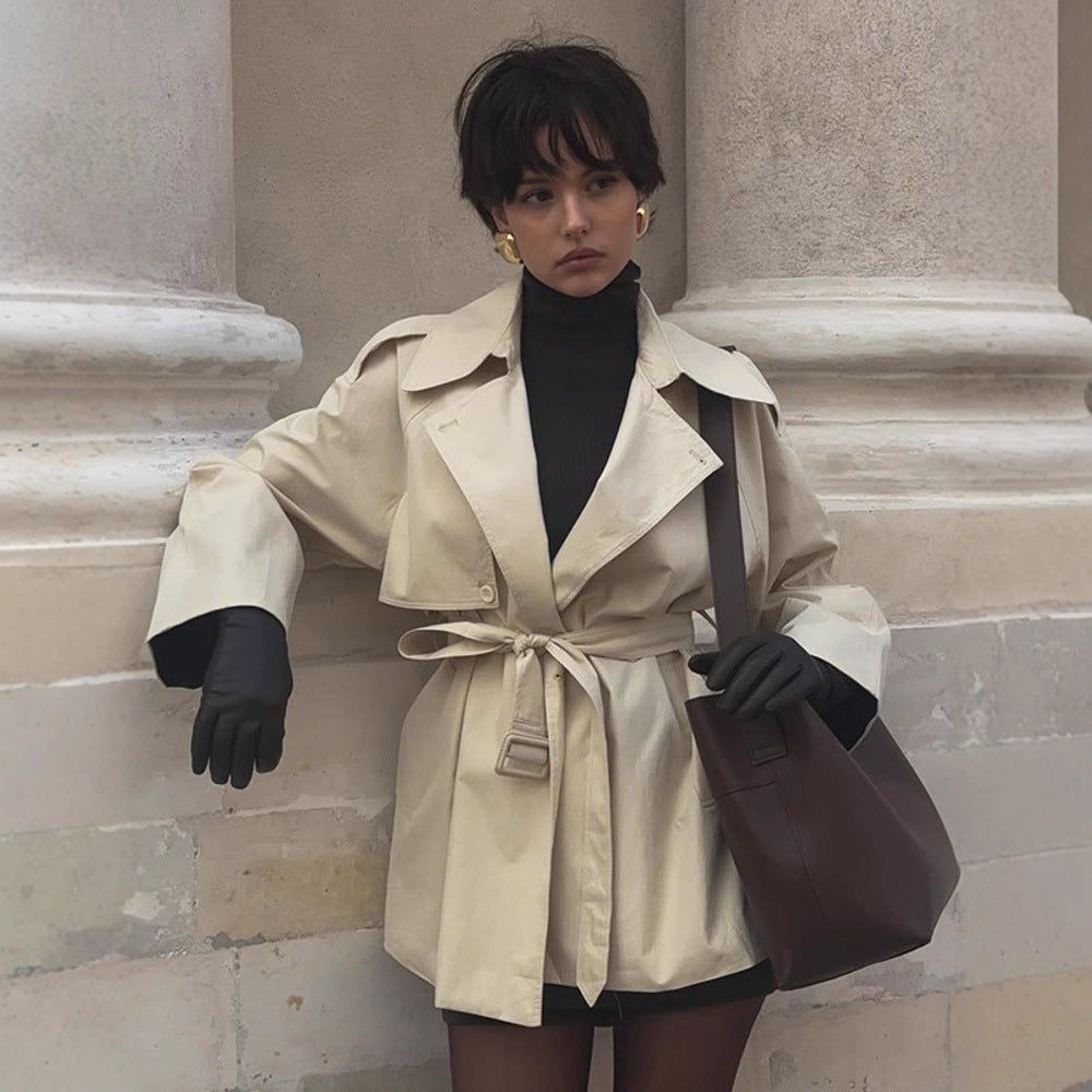 Damen Modische Kurztrenchjacke mit Taillenknoten und großzügigen Taschen Drune
