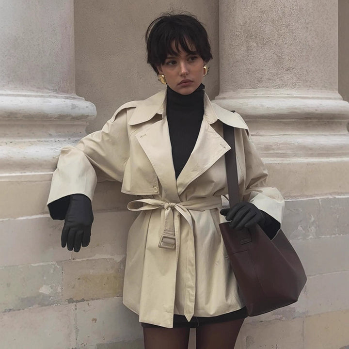 Damen Modische Kurztrenchjacke mit Taillenknoten und großzügigen Taschen Drune