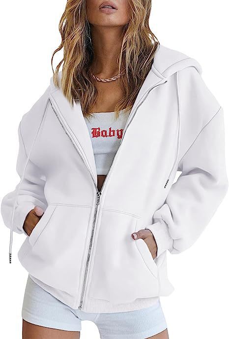 Damen nan oversized Kapuzenjacke mit durchgehendem Reißverschluss Kängurutaschen und weichem Sweatmaterial Drune