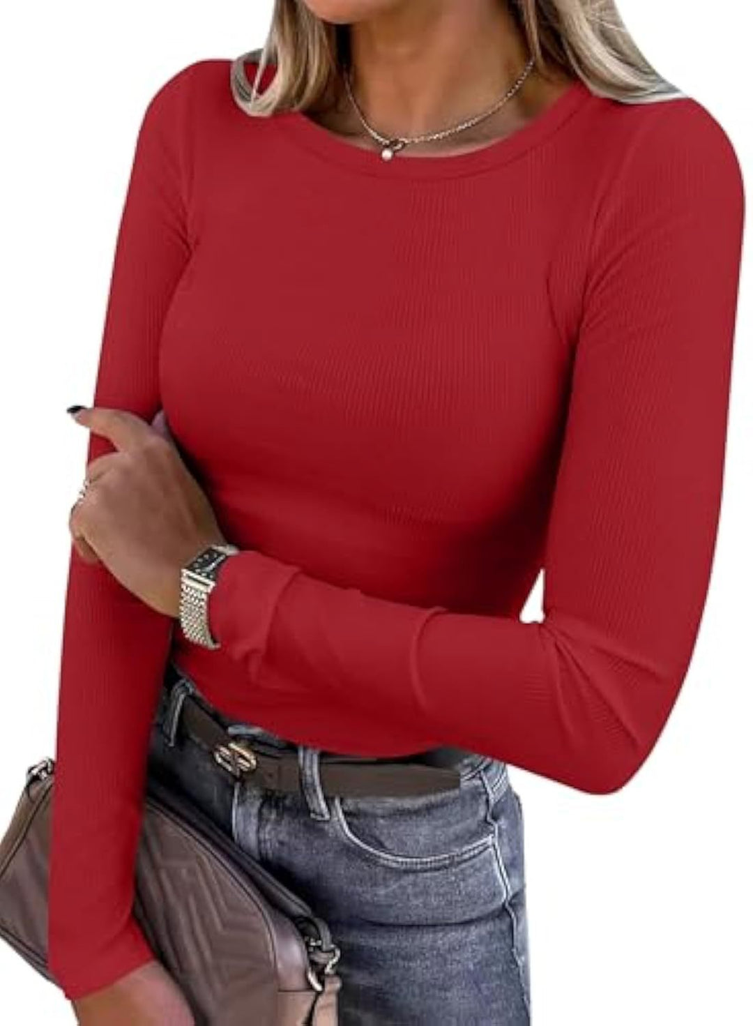 Damen Schmalgeschnittenes Ripp-Longsleeve mit Rundhalsausschnitt und Stretch-Baumwollmix Drune