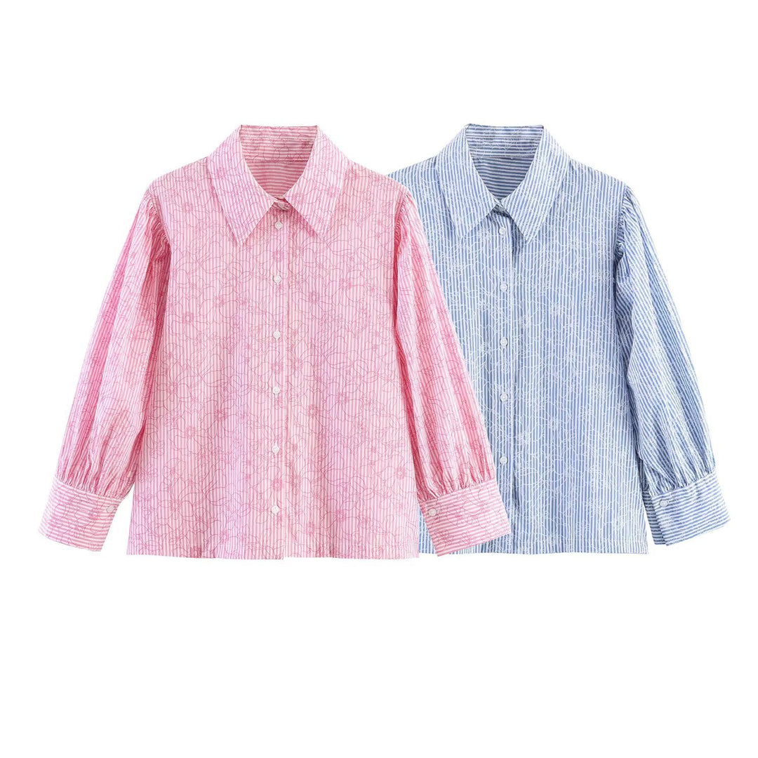 Damen Gestreifte Baumwollbluse mit Puffärmeln und Tonaler Stickerei Drune