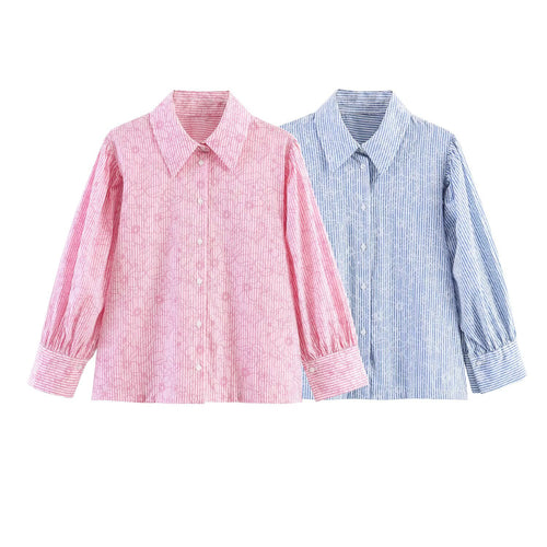 Damen Gestreifte Baumwollbluse mit Puffärmeln und Tonaler Stickerei Drune