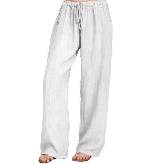 Damen Weite Leinenhose mit elastischem Bund und Seitentaschen Drune