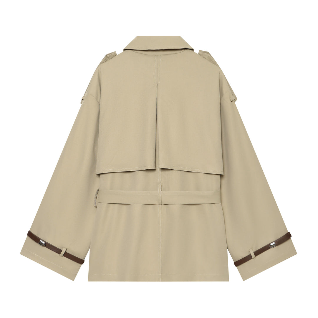 Damen nan kurzgeschnittene Cape-Trenchjacke mit doppelreihiger Knopfleiste und Taillengürtel Drune