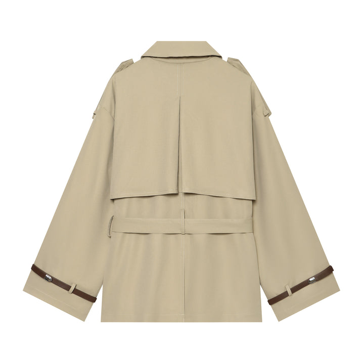 Damen nan kurzgeschnittene Cape-Trenchjacke mit doppelreihiger Knopfleiste und Taillengürtel Drune