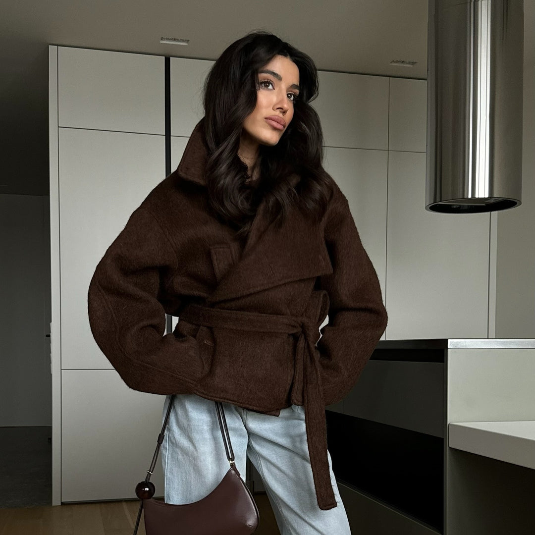 Damen Oversized Wolljacke mit Bindegürtel und lässigem Schnitt Drune