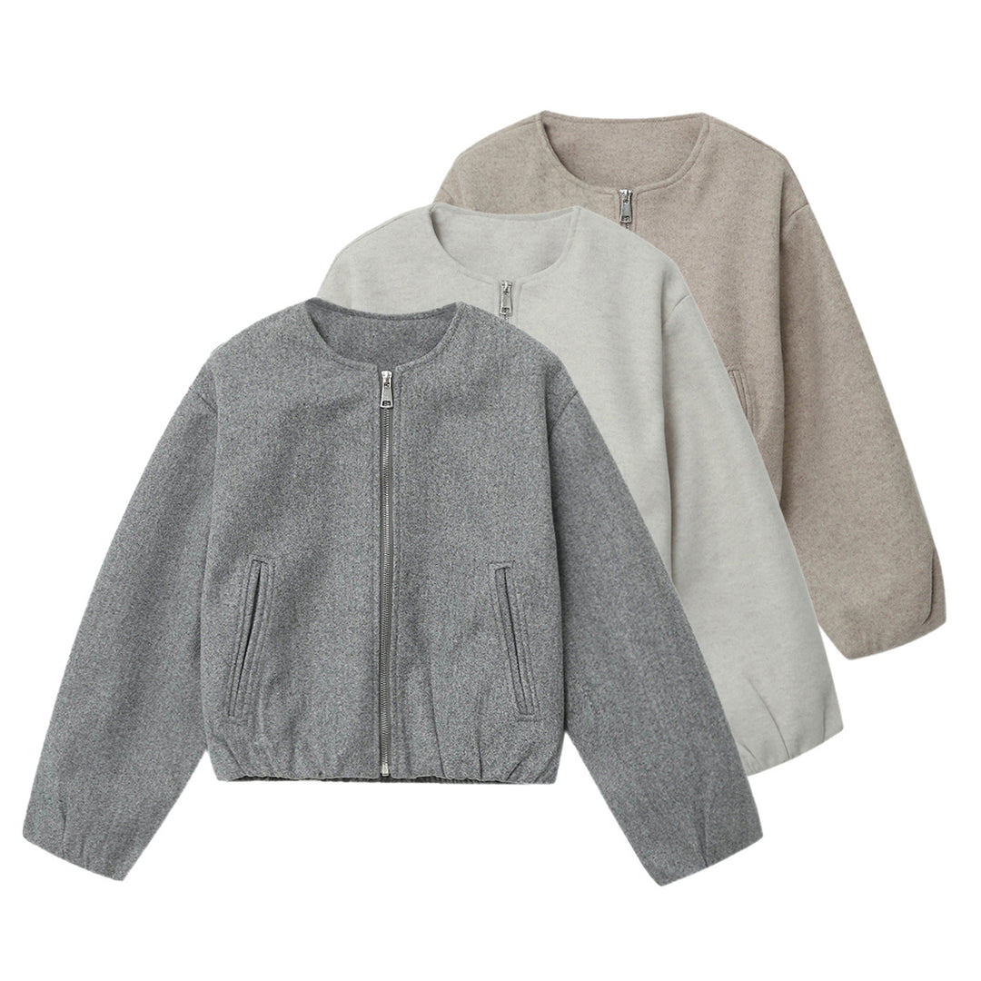 Damen nan kurz geschnittene Wolloptik-Cropped-Jacke mit Rundhalsausschnitt, durchgehendem Reißverschluss, elastischem Saum und dezenten Eingrifftaschen Drune