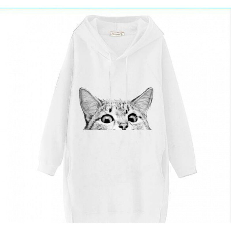 Damen Oversize Kapuzenkleid aus Sweat mit großem Katzenprint und Seitentaschen Drune