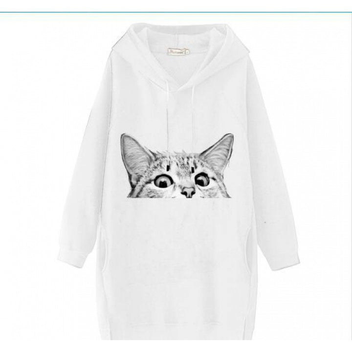 Damen Oversize Kapuzenkleid aus Sweat mit großem Katzenprint und Seitentaschen Drune