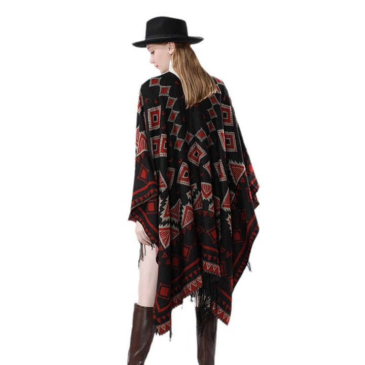 Damen Zweilagiger Kapuzen-Überwurf mit asymmetrischem Fransensaum und geometrischem Jacquard Drune