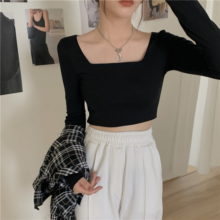 Damen Langarm Crop-Top mit elegantem Quadrat-Ausschnitt und figurumspielendem Schnitt