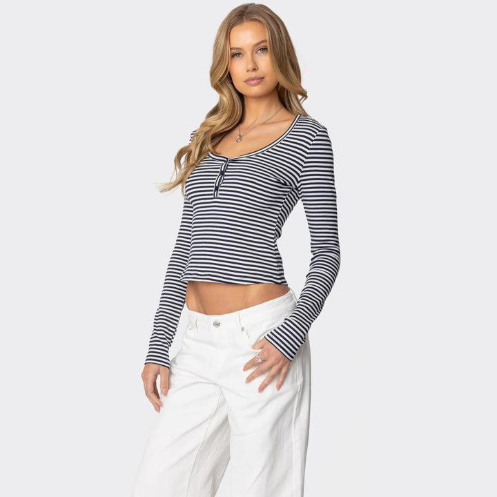 Damen Langarmshirt mit dehnbarem Streifenmuster und figurbetontem Schnitt Drune