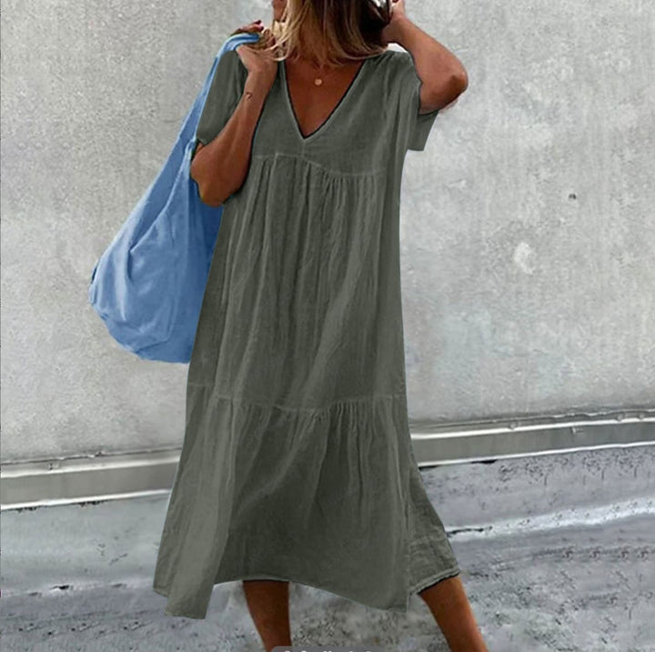 Damen Maxikleid mit modernem V-Ausschnitt und femininer Lockere Passform Drune