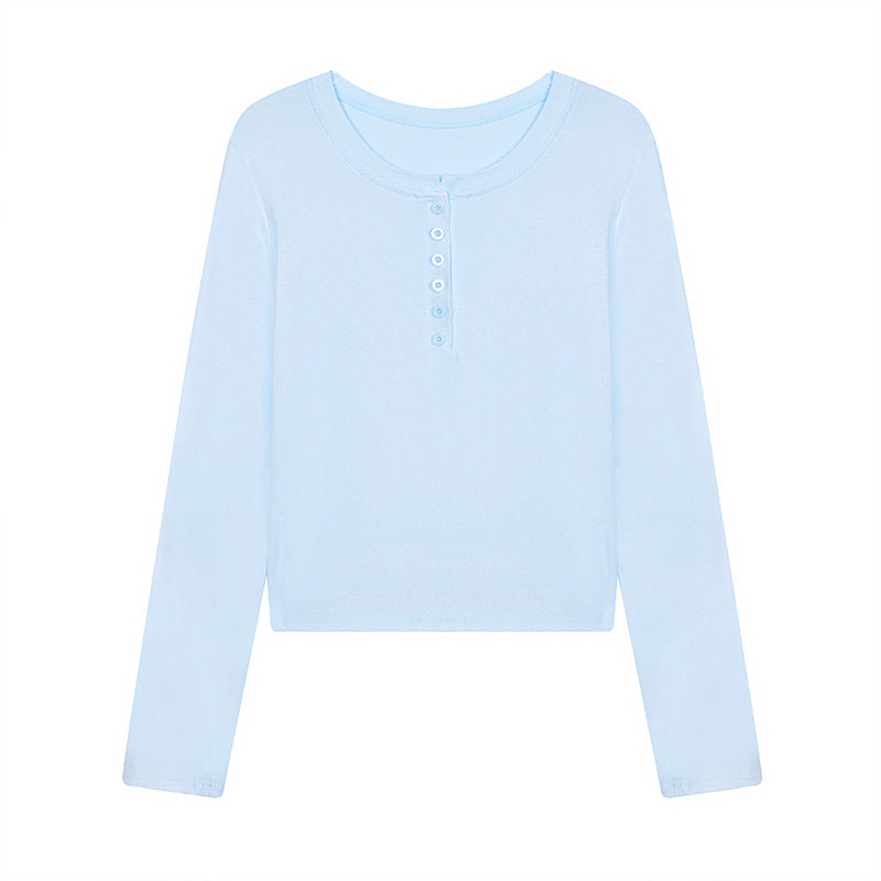 Damen Kurz geschnittenes Henley Langarmshirt aus Baumwolljersey mit Knopfleiste Drune