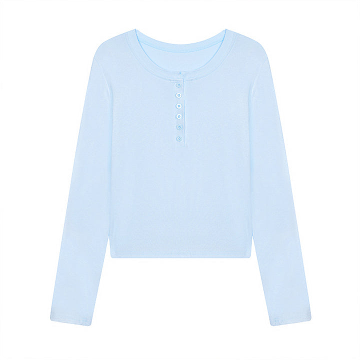 Damen Kurz geschnittenes Henley Langarmshirt aus Baumwolljersey mit Knopfleiste Drune
