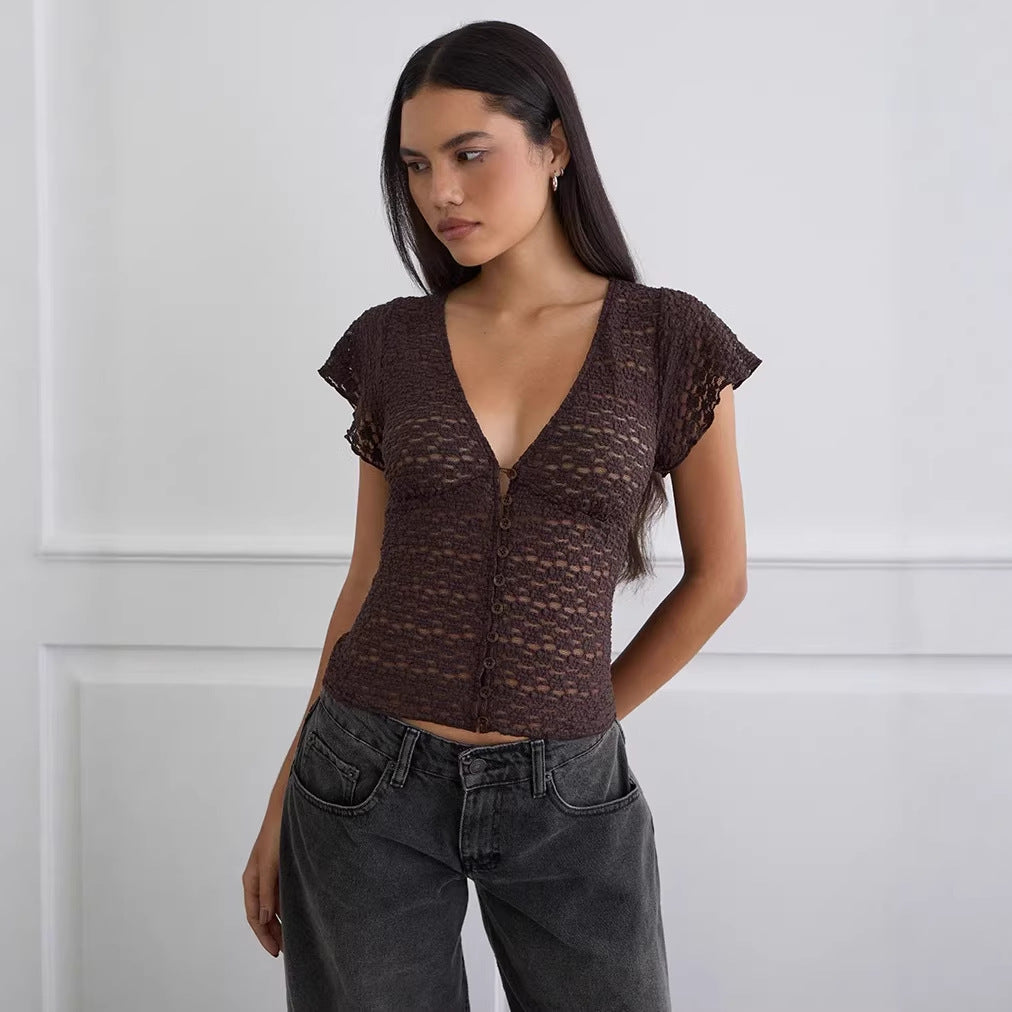Damen Verspieltes Spitzenoberteil mit fließendem Design und kurzen Puffärmeln Drune