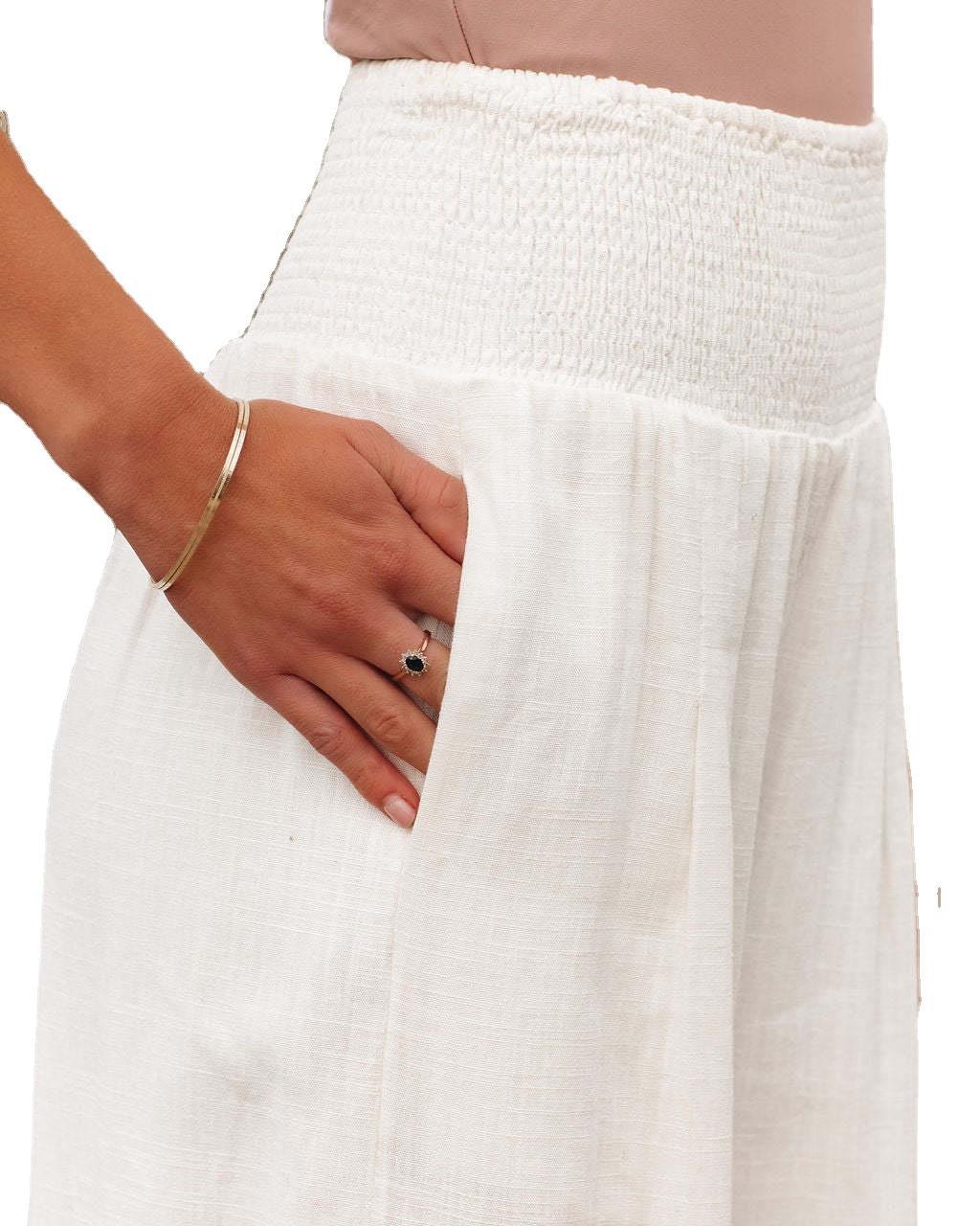 Damen weite Leinenhose mit elastischem Taillenbund und seitlichen Falten Drune