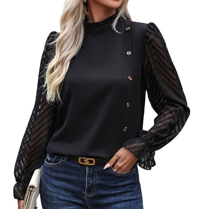 Damen Elegante Bluse mit transparenten Ärmeln und Knopfdetails Drune