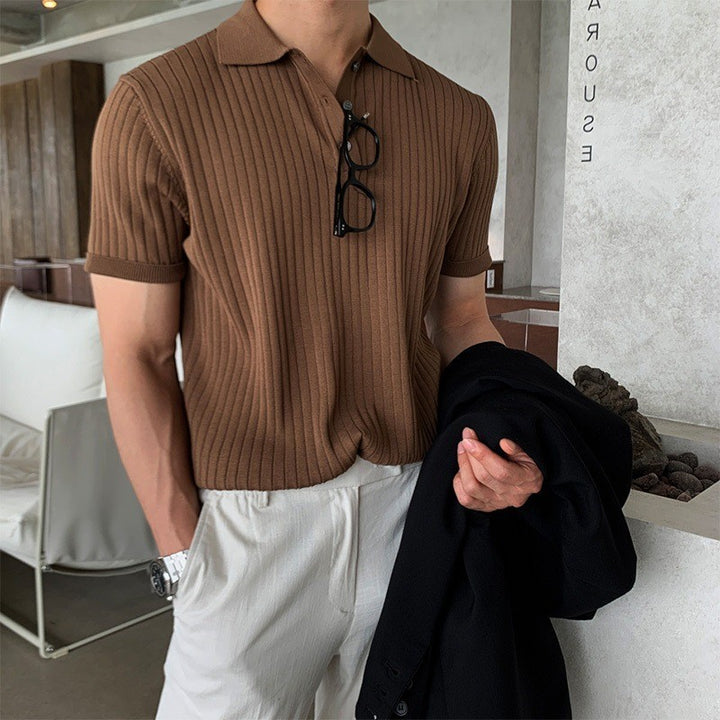 Herren nan schmal geschnittenes geripptes Poloshirt aus Feinstrick mit Kurzarm und Polokragen Drune