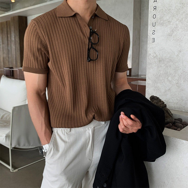 Herren nan schmal geschnittenes geripptes Poloshirt aus Feinstrick mit Kurzarm und Polokragen Drune