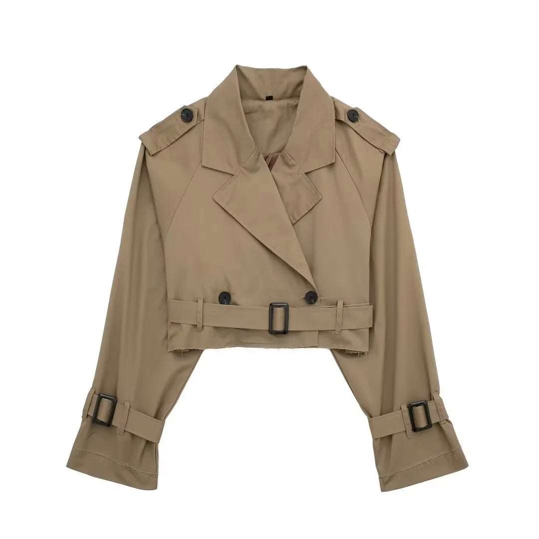 Damen kurzgeschnittene Trenchjacke mit Epauletten, Taillengürtel und verstellbaren Manschetten Drune