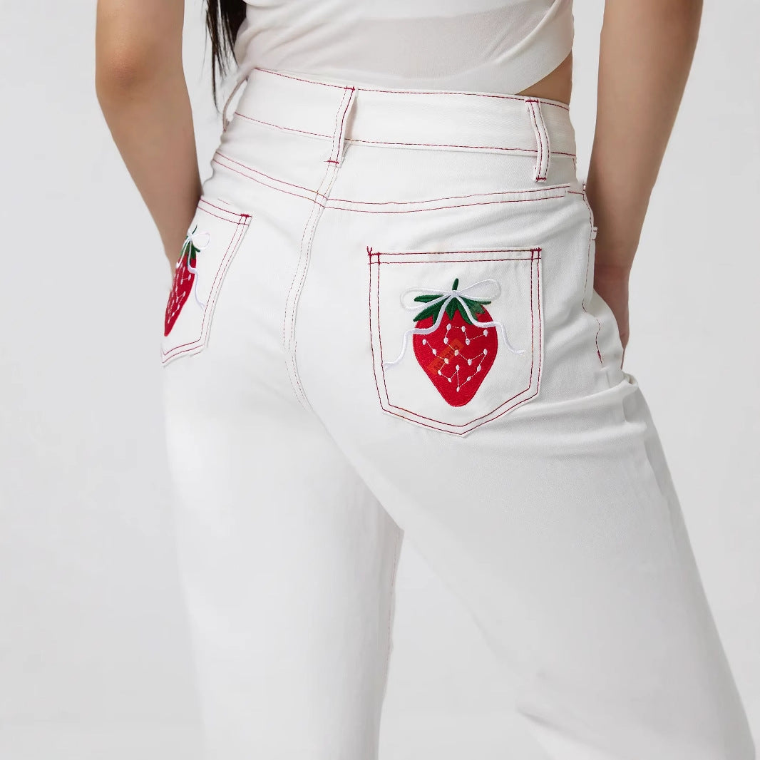 Damen elegante Jeans mit fruchtigen Stickereien Drune