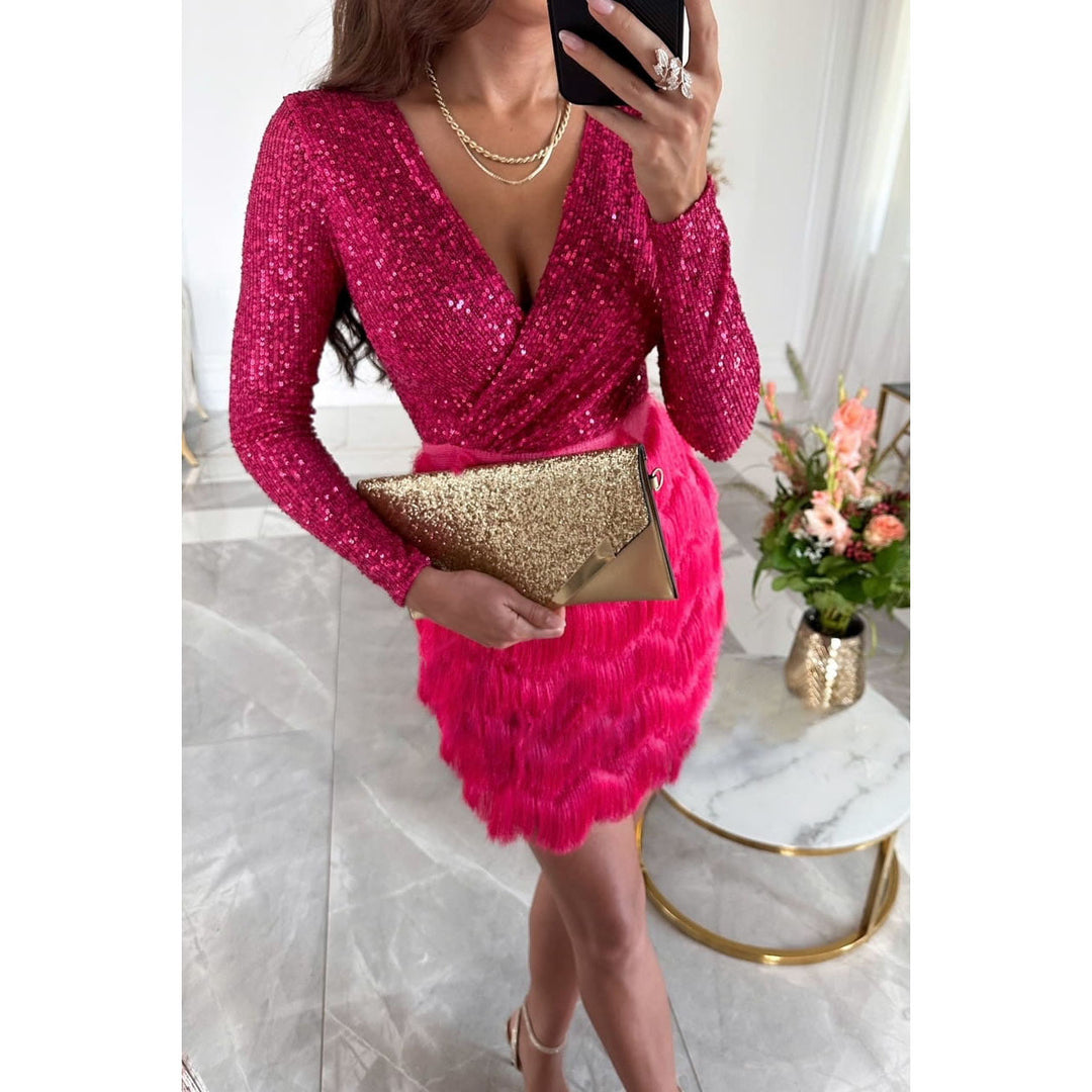 Damen Shiny Wickel-Mini-Kleid mit Pailletten-Oberteil und Feder-Tierrock Drune