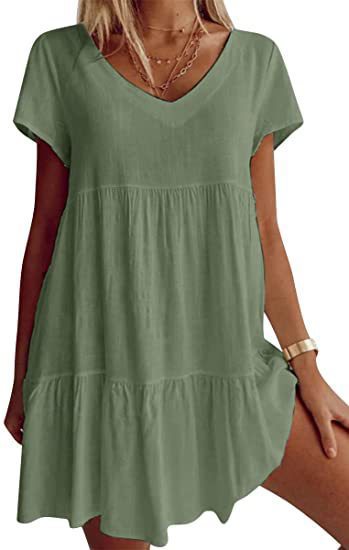 Damen lässiges und leichtes Sommerkleid mit V-Ausschnitt und voluminösem Rock Drune