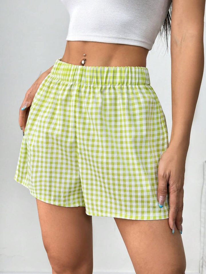 Damen luftige Karoshorts mit elastischem Bund und seitlichen Taschen Drune