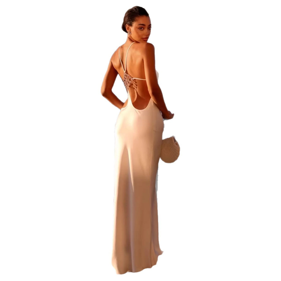 Damen elegantes Maxikleid mit raffiniertem Rückenausschnitt und schimmerndem Material Drune