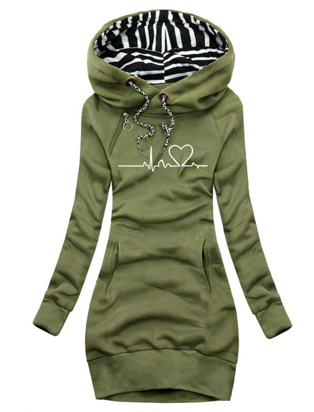Damen Kapuzen-Sweatkleid mit gestreiftem Kapuzenfutter, Kängurutasche und Herz-EKG-Druck Drune